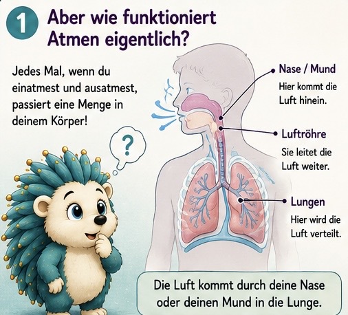 Aber wie funktioniert atmen eigentlich? jedes Mal, wenn du einatmest und aus atmest, passiert eine Menge in deinem Körper! Nase Mund hier kommt Luft herein.Luftröhre Sie leitet die Luft weiter. Lungen hier wird die Luft verteilt. Die Luft kommt durch deine Nase oder deinen Mund in die Lunge.