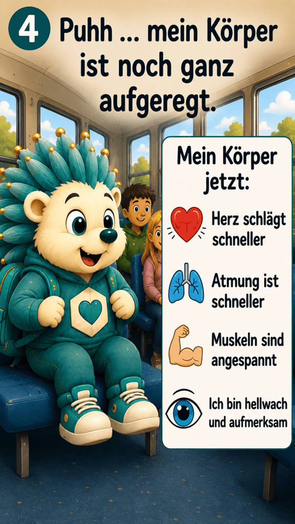 4. Puhh … Mein Körper ist noch ganz aufgeregt.
Mein Körper jetzt: mein Herz schlägt schneller. Meine Atmung ist schneller.. Meine Muskeln sind angespannt. Ich bin hellwach und aufmerksam.
