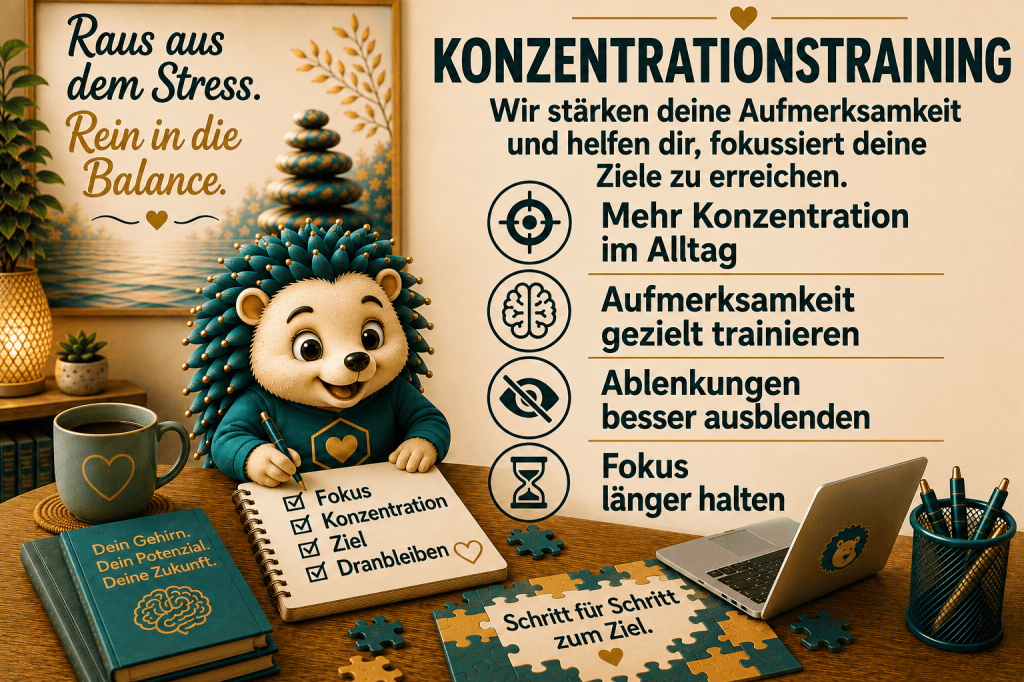 Konzentrationtraining 
Wir stärken deine Aufmerksamkeit und helfen dir, fokussiert deine Ziele zu erreichen. Mehr Konzentration im Alltag Aufmerksamkeit gezielt trainieren. Ablenkungen besser ausblenden Fokus länger halten. Fokus, Konzentration, Ziel dranbleiben, Schritt für Schritt zum Ziel.