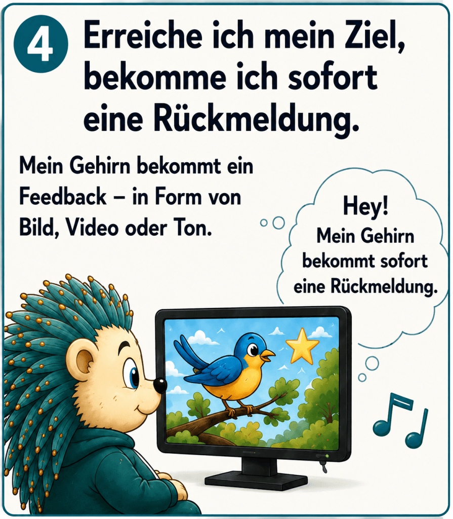 Erreiche ich mein Ziel, bekomme ich sofort eine Rückmeldung. Mein Gehirn bekommt ein Feedback - in Form von Bild, Video oder Ton. Hey! Mein Gehirn bekommt sofort eine Rückmeldung.
