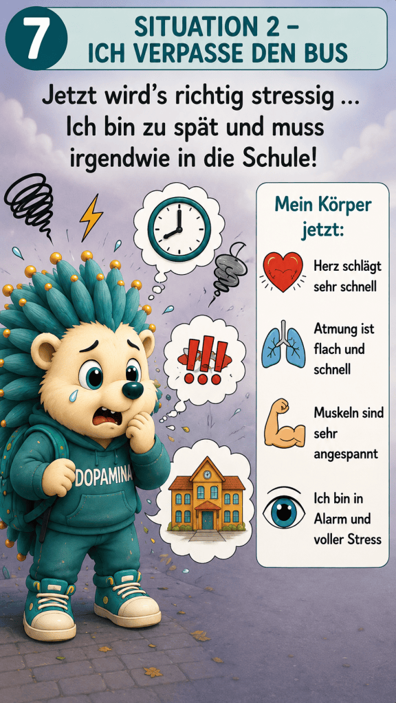 7 Situation 2 - Ich verpasse den Bus
Jetzt wird’s richtig stressig…
Ich bin zu spät und muss irgendwie in die Schule!
Mein Körper jetzt: Mein Herz schlägt sehr schnell. Meine Atmung ist flach und schnell. Meine Muskeln sind sehr angespannt. Ich bin in Alarm und voller Stress.