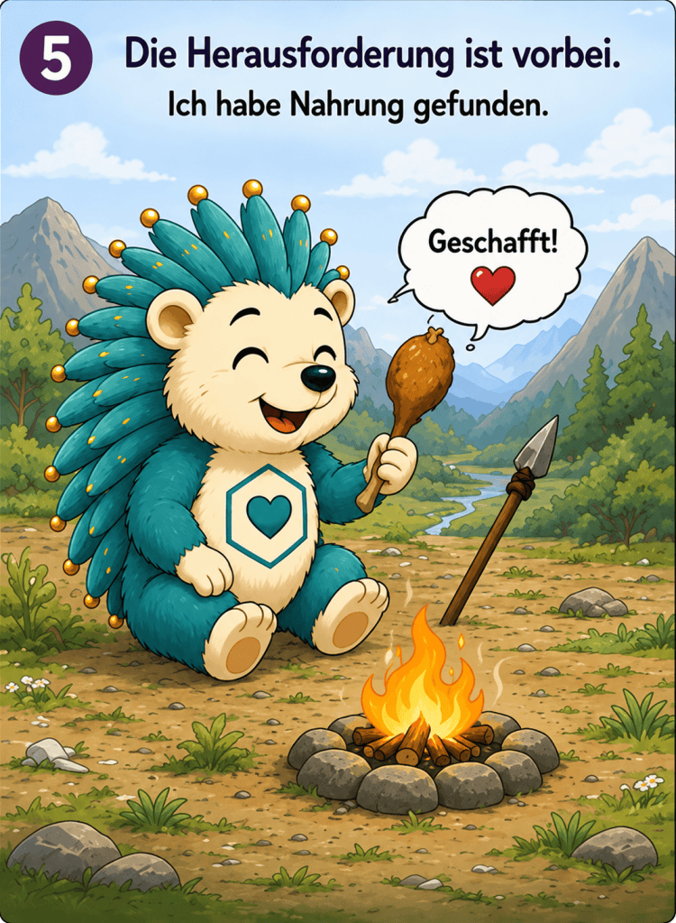 5. Die Herausforderung ist vorbei. Ich habe Nahrung gefunden.
„ Geschafft!“