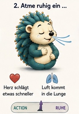 2. Atme ruhig ein…
Herz: Herz schlägt etwas schneller.
Lunge: Luft kommt in die Lunge.
Tacho steht in der Mitte.