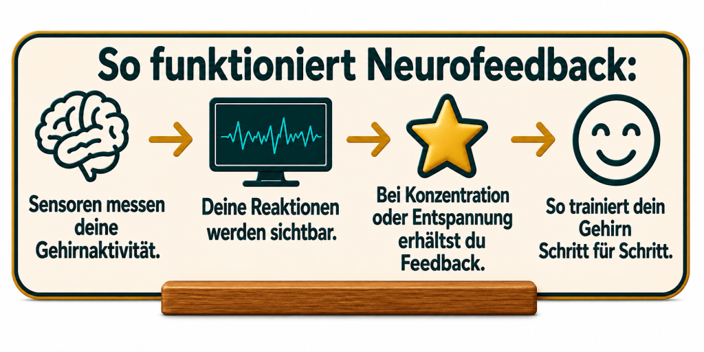 So funktioniert Neurofeedback:
Sensoren messen deine Gehirnaktivität. Deine Reaktionen werden sichtbar. Bei Konzentration oder Entspannung erhältst du Feedback, So trainiert dein Gehirn Schritt für Schritt.