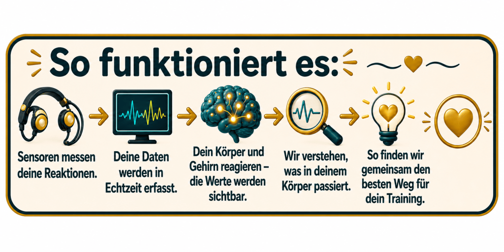 So funktioniert es: Sensoren messen deine Reaktionen. Deine Daten werden in Echtzeit erfasst. Dein Körper und Gehirn reagieren – die Werte werden sichtbar. Wir verstehen, was in deinem Körper passiert. So finden wir gemeinsam den besten Weg für dein Training.