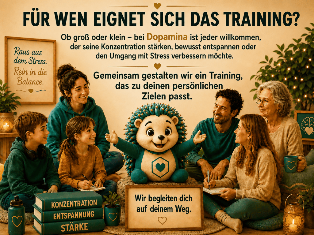 Für wen eignet sich das Training?
Ob groß oder klein – bei Dopamina ist jeder willkommen, der seine Konzentration stärken, bewusst entspannen oder den Umgang mit Stress verbessern möchte.

Gemeinsam gestalten wir ein Training, dass zu deinen persönlichen Zielen passt. Wir begleiten dich auf deinem Weg.
