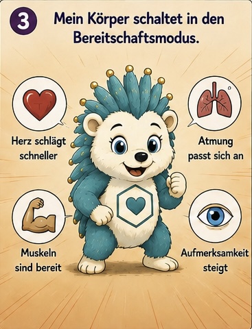 3. mein Körper schaltet in den Bereitschafts Modus.
Herz schlägt schneller.
Atmung passt sich an.
Muskeln sind bereit.
Aufmerksamkeit steigt.