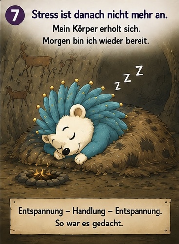 7. Stress ist danach nicht mehr an.
Mein Körper erholt sich.
Morgen bin ich wieder bereit.
Entspannung – Handlung – Entspannung.
So war es gedacht.