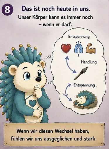 8. Das ist noch heute in uns.
Unser Körper kann es immer noch - Wenn er darf.
Entspannung, Herz, Lunge, Muskulatur, Handlung der steinzeitliche Speer, Entspannung
Wenn wir diesen Wechsel haben, fühlen wir uns ausgeglichen und stark.