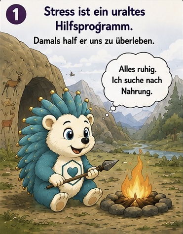 Stress auf der Jagd in der Steinzeit
1. stress ist ein uraltes Hilfsprogramm
Damals halt für uns zu überleben.
Dopamina Sitzt vor ihrem Höhlen Eingang. Und sagt: „ Alles ruhig. ich suche nach Nahrung.