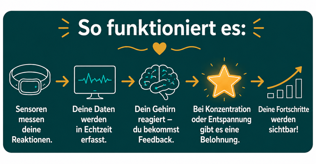 So funktioniert es: Sensoren messen deine Reaktionen. Deine Daten werden in Echtzeit erfasst. Dein Gehirn reagiert – du bekommst Feedback. Bei Konzentration oder Entspannung gibt es eine Belohnung. Deine Fortschritte werden sichtbar!