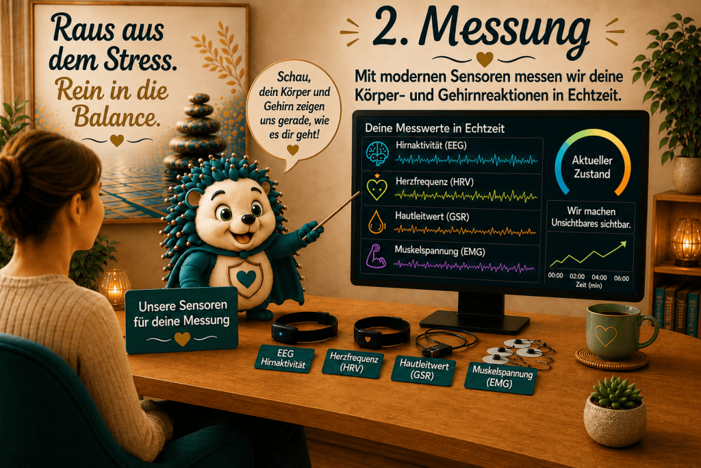 Mit modernen Sensoren messen wir deine Körper und Gehirn Reaktionen in Echtzeit. Schau dein Körper und Gehirn zeigen uns gerade, wie’s dir geht. Hirnaktivität EEG, Herzfrequenz HRV, Hautleitwert GSR, Muskelspannung EMG. Unsere Sensoren für deine Messung.