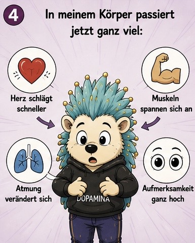 4. in meinem Körper passiert jetzt ganz viel:
Herz schlägt schneller. Muskeln spannen sich an. Atmung verändert sich. Aufmerksamkeit ganz hoch.
