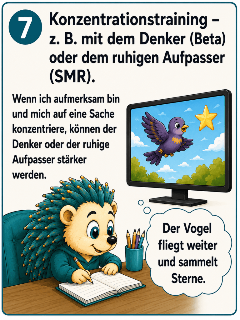 Konzentrationstraining- z. B. Mit dem Denker (Beta) oder dem ruhigen Aufpasser (SMR).
Wenn ich aufmerksam bin und mich auf eine Sache konzentriere, kann der Denker, oder der Aufpasser stärker werden. Auf dem Bildschirm sieht man einen Vogel der weiter fliegt weiter und Sterne sammelt.
