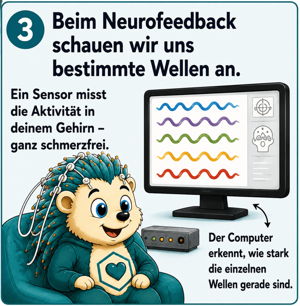 Beim Neurofeedback schauen wir uns bestimmte Wellen an. Ein Sensor misst die Aktivität in deinem Gehirn ganz schmerzfrei. Der Computer erkennt, wie stark die einzelnen Wellen gerade sind.