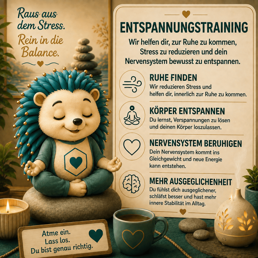 Entspannungstraining
Wir helfen, dir zur Ruhe zu kommen, dein Stress zu reduzieren und dein Nervensystem bewusst zu entspannen. 
Ruhe finden wir reduzieren Stress und helfen, dir innerlich zur Ruhe zu kommen.
Körper entspannen. Du lernst, Entspannung zu lösen und deinen Körper loszulassen.
Nervensystem beruhigen
Dein Nervensystem kommt ins Gleichgewicht, und neue Energie kann entstehen.
Mehr Ausgeglichenheit
Du fühlst dich ausgeglichener, schläfst besser und hast mehr innere Stabilität im Alltag. Atme ein. Lass los. Du bist genau richtig.
