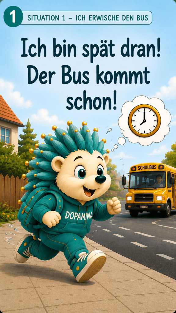 Stress Schulbus verpasst.
1. Situation 1 - Ich erwische den Bus
Ich bin spät dran! Der Bus kommt schon.