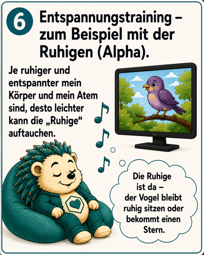 Entspannungstraining - 
Zum Beispiel mit der Ruhigen (Alpha). Je ruhiger und entspannter mein Körper und mein Atem sind, desto leichter kann die Ruhige auftauchen. die Ruhige ist da – der Vogel bleibt ruhig sitzen oder bekommt ein Stern.