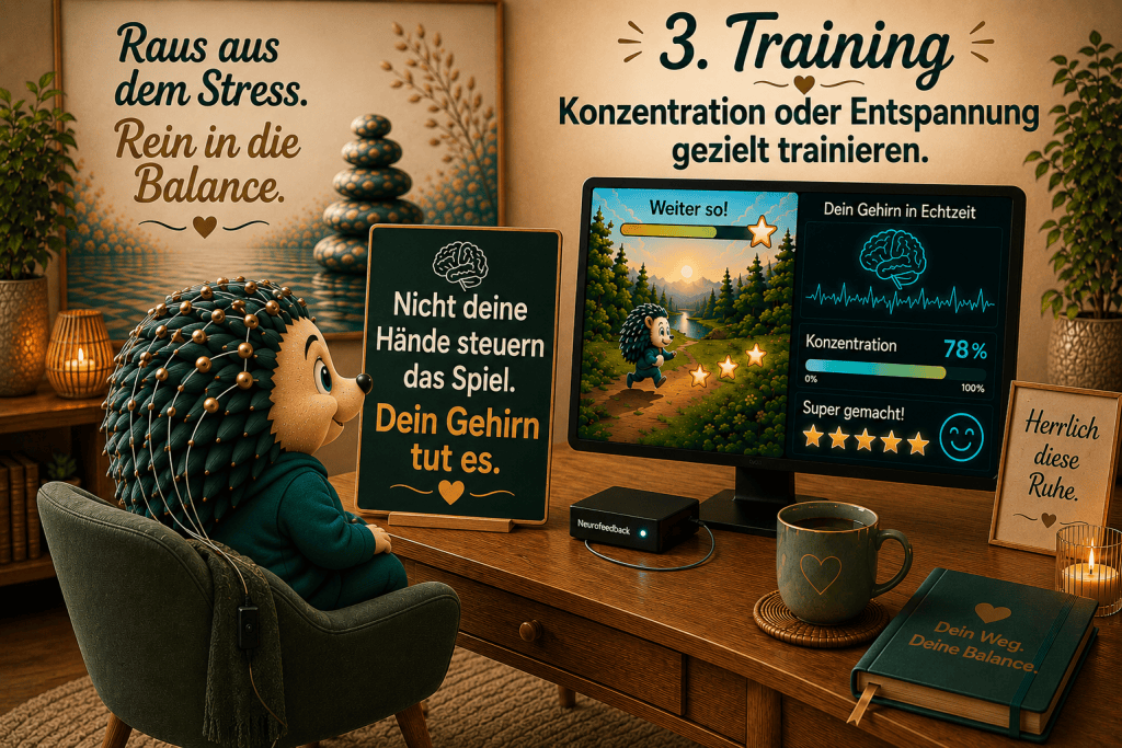 Konzentration oder Entspannung gezielt trainieren. Nicht deine Hände steuern das Spiel. Dein Gehirn tut. Es ist auch möglich, über akustische Signale darzustellen. Herrlich diese Ruhe.