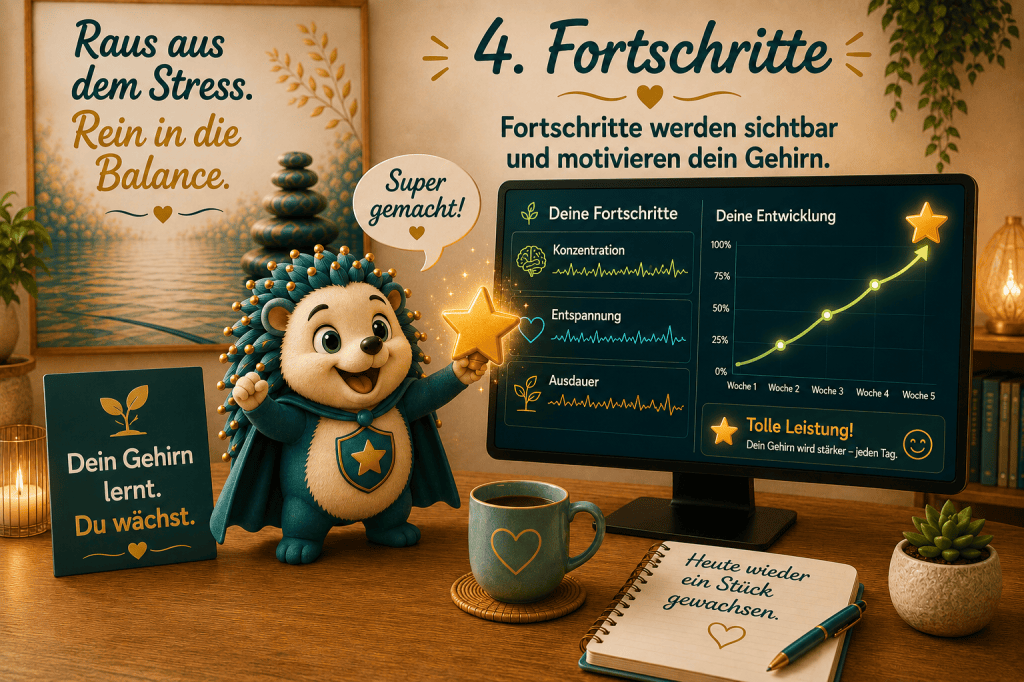 Fortschritte werden sichtbar und motivieren dein Gehirn. Dein Gehirn lernt. Du wächst. Tolle Leistung. Heute wieder ein Stück gewachsen.