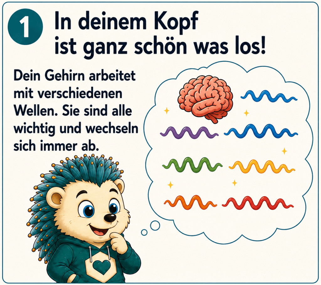 Neurofeedback
1. in deinem Kopf ist ganz schön was los!
Dein Gehirn arbeitet mit verschiedenen Wellen Sie sind alle wichtig und wechseln sich immer ab.