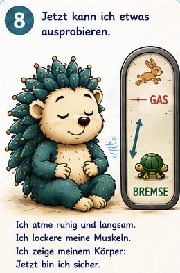 Jetzt kann ich etwas ausprobieren.
Ich atme ruhig und langsam. Ich lockere meine Muskeln. Ich zeige meinem Körper: Jetzt bin ich sicher.