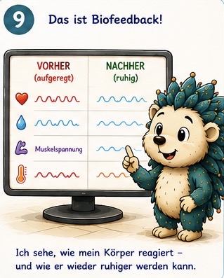 Das ist Biofeedback!
Auf dem Bildschirm sieht man Wie mein Körper vor der Übung reagiert hat und wir nach der Übung reagiert. Ich sehe, wie mein Körper reagiert und wie er wieder ruhiger werden kann.