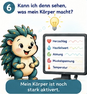Kann ich denn sehen, was mein Körper macht? Auf dem Bildschirm sieht man in Wellen Den Herzschlag, den Hautleitwert, die Atmung, die Muskelspannung, die Temperatur. Mein Körper ist noch stark aktiviert.